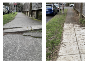 Image shows two examples of sidewalks in the public right-of-way. The first is a damaged segment of sidewalk that presents a trip hazard with an abrupt edge and difference in surface heights. The second is a recently repaired segment of sidewalk that allows for the free movement of people walking or rolling with no visible barriers present.