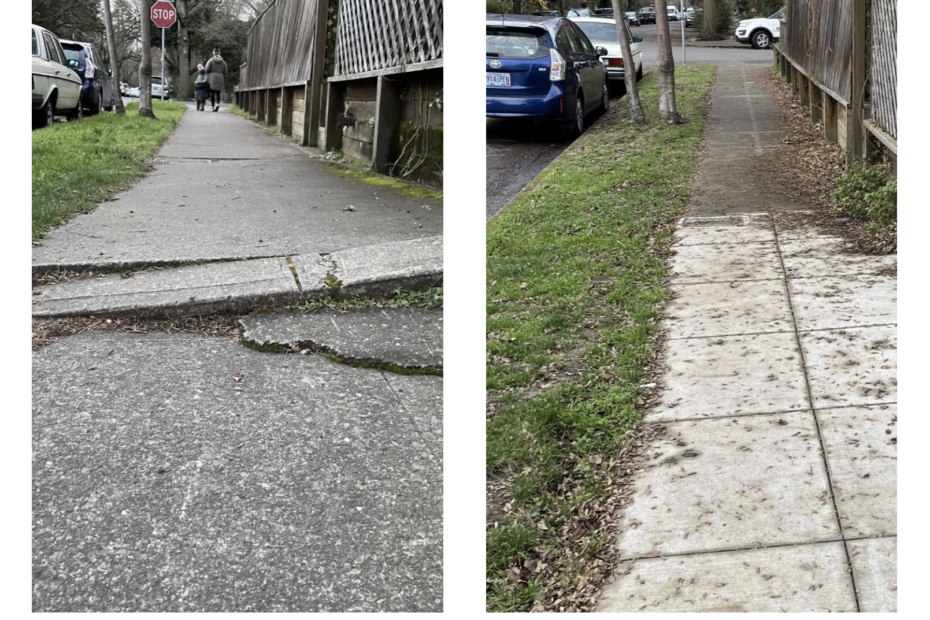 Image shows two examples of sidewalks in the public right-of-way. The first is a damaged segment of sidewalk that presents a trip hazard with an abrupt edge and difference in surface heights. The second is a recently repaired segment of sidewalk that allows for the free movement of people walking or rolling with no visible barriers present.
